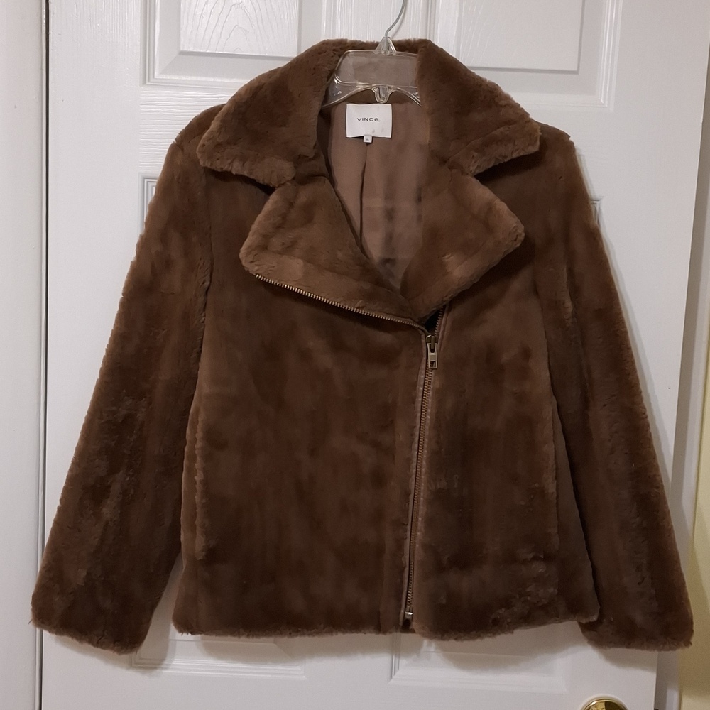 Vince sz XS, faux fir Moto jacket in Macchiato Brown with side zip.